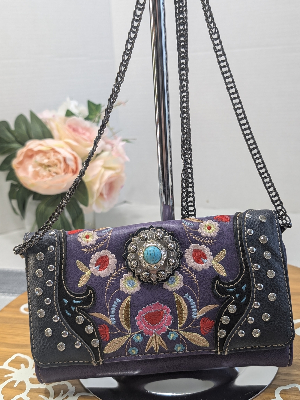 Embroidered Purple Floral Crossbody Bag with Turquoise Concho